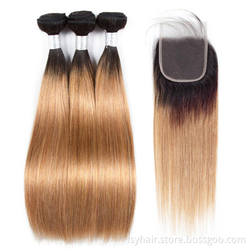 1B27 ombre Blonde Hair Bundles With Closure 3 Bundles With 4x4 Lace Closure Brazilian Straight Hair Remy Human Hair Extensions